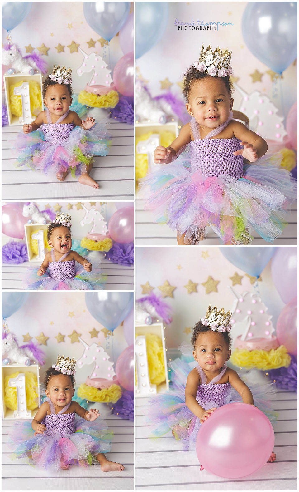 pastel unicorn cake smash with baby girl in plano photography studio